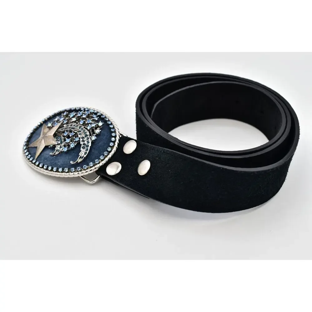 3G Buckles Black Suede Belt L 36-38 Celestial Star Blue Rhinestone Buckle Y2K